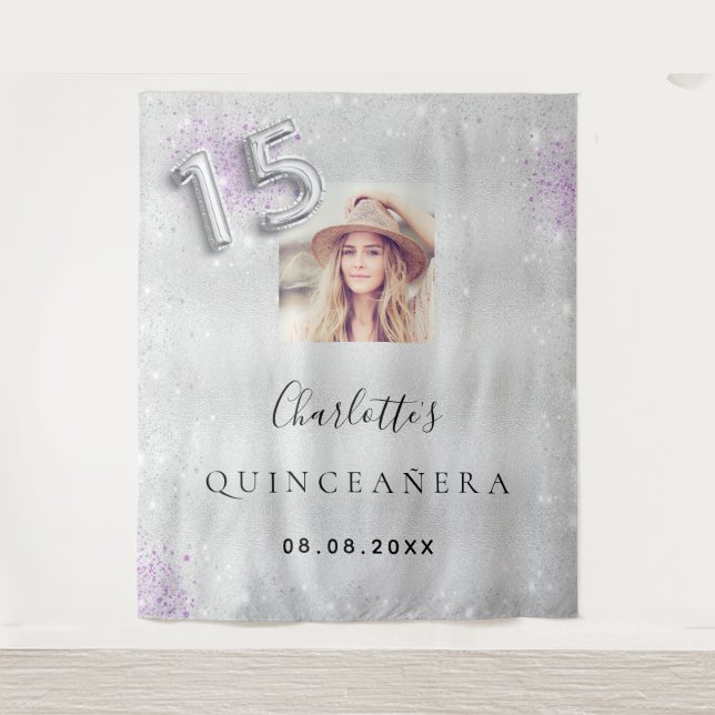 Quinceanera silver purple photo glitter welcome tapestry (Front)