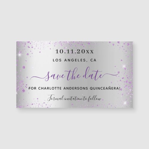 Quinceanera silver purple save the date magnet