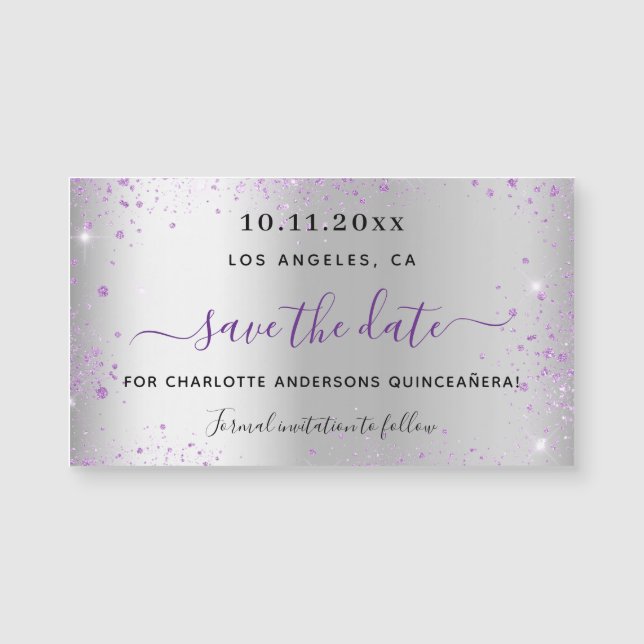 Quinceanera silver purple save the date magnet (Front)