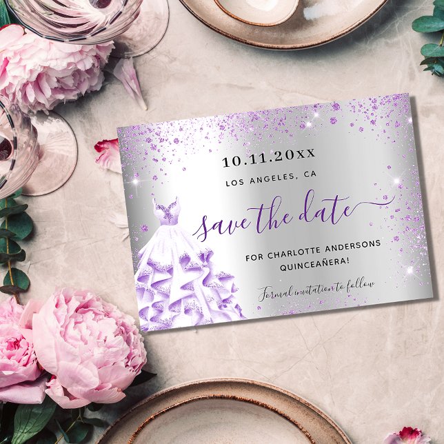 Quinceanera silver purple sparkles save the date (Creator Uploaded)