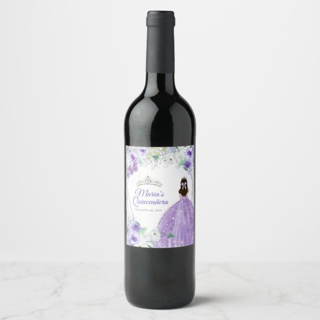 Quinceañera Silver & Purple Wine Bottle Label (Front)