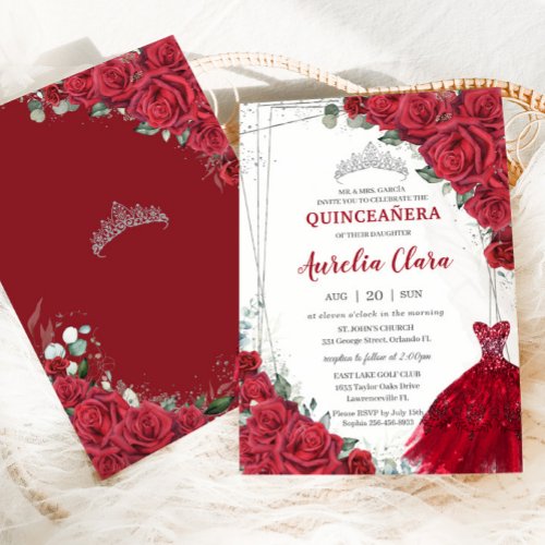 Quinceaera Silver Red Roses Floral Dress Gown Invitation
