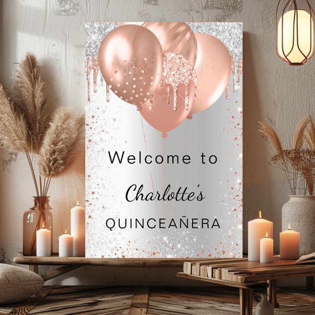 Quinceanera silver rose gold balloons welcome poster (Creator Uploaded)