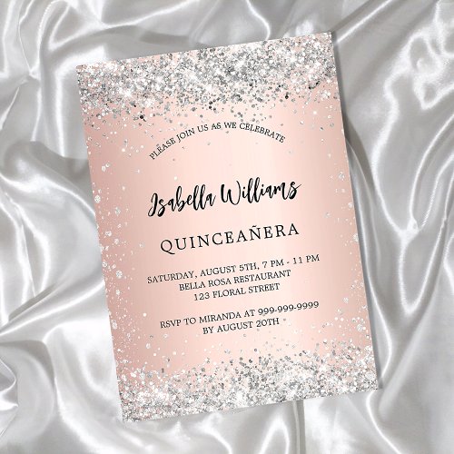 Quinceanera silver rose gold blush sparkles invitation postcard