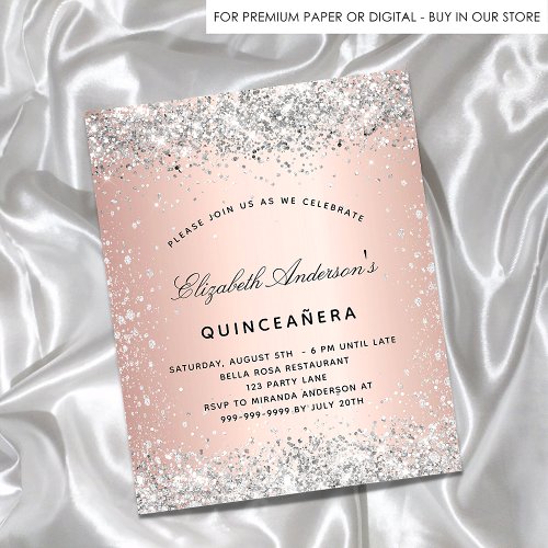 Quinceanera silver rose gold budget invitation flyer