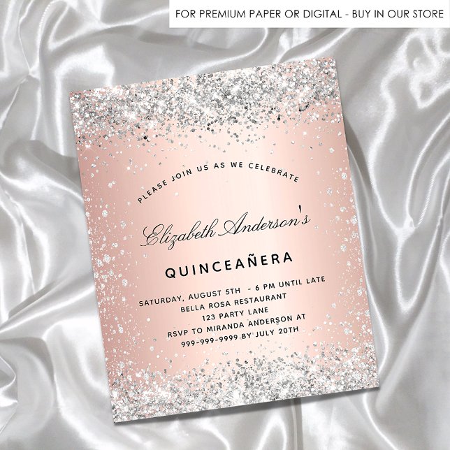 Quinceanera silver rose gold budget invitation flyer (Creator Uploaded)