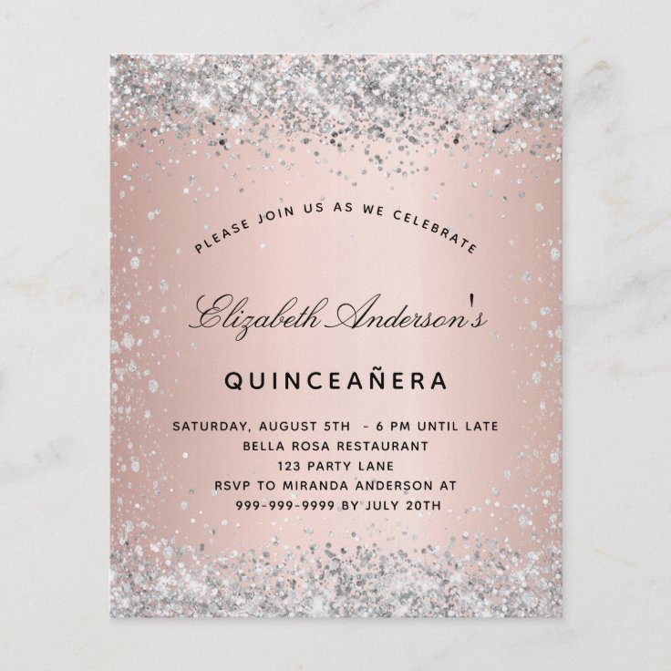 Quinceanera silver rose gold budget invitation flyer | Zazzle