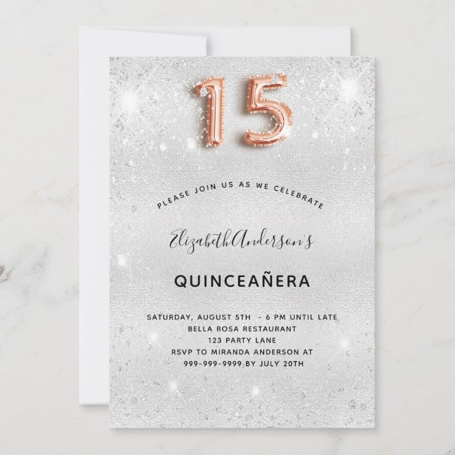 Quinceanera silver rose gold glitter glamorous invitation (Front)