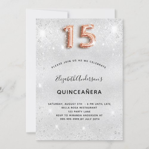 Quinceanera silver rose gold glitter glamorous invitation