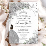 Quinceañera Silver Roses Floral Girl Dress P Invitation<br><div class="desc">Personalize this elegant silver floral Quinceañera / Sweet 16 birthday invitation easily and quickly. Featuring a girl dressed in a beautiful silver dress, chic silver roses and silver butterflies. Simply click the Edit Using Design Tools button to further edit the text, wording, font style, font size, font color, add more...</div>