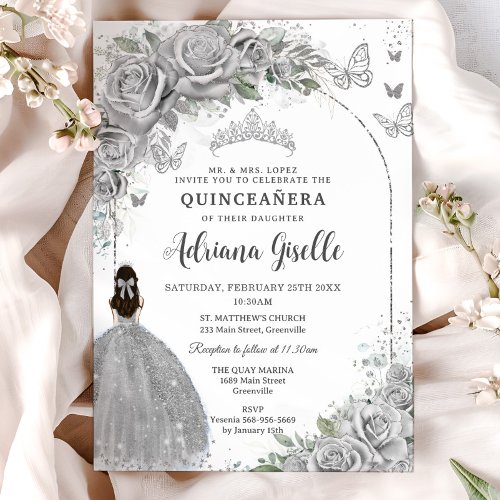 Quinceañera Silver Roses Floral Girl Dress P