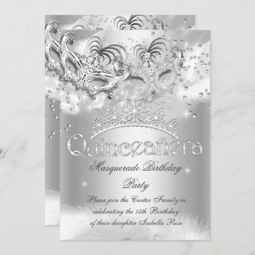 Quinceanera Silver Sparkle Masquerade Party Invitation