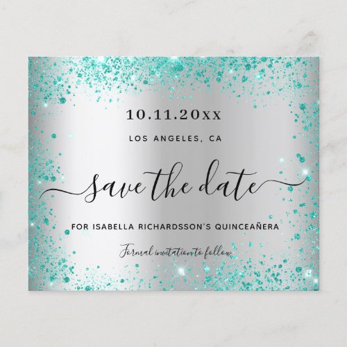 Quinceanera silver teal budget save the date flyer