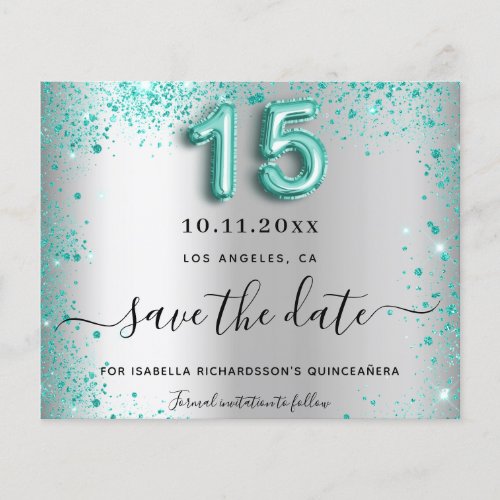 Quinceanera silver teal budget save the date flyer