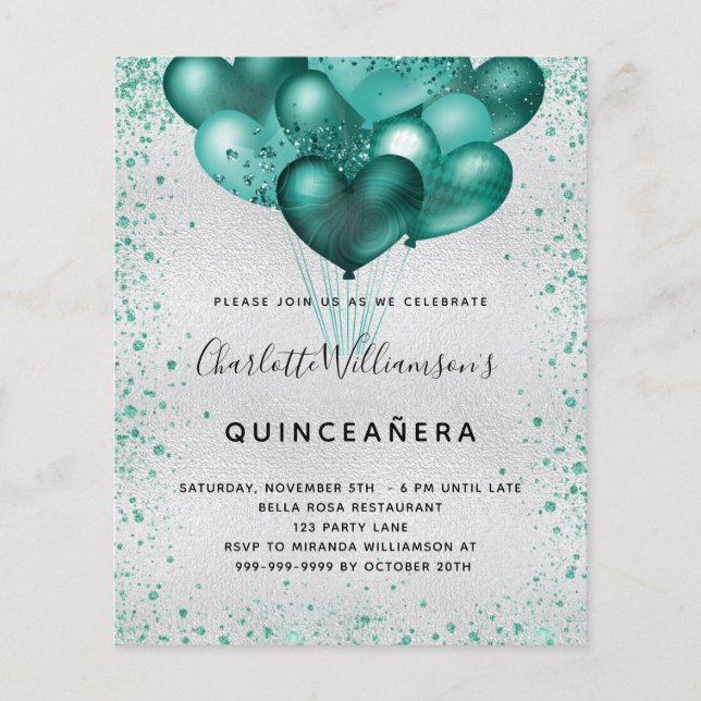 Quinceanera silver teal glitter budget invitation flyer (Front)