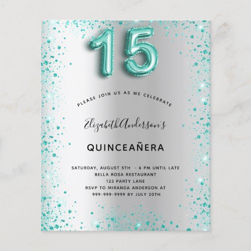 Quinceanera silver teal glitter budget invitation flyer