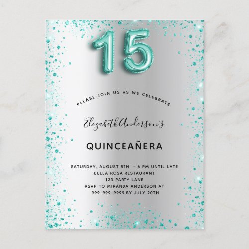 Quinceanera silver teal glitter dust invitation postcard