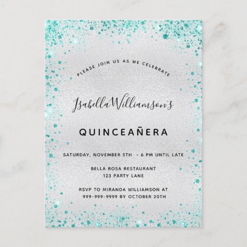 Quinceanera silver teal glitter glam invitation postcard
