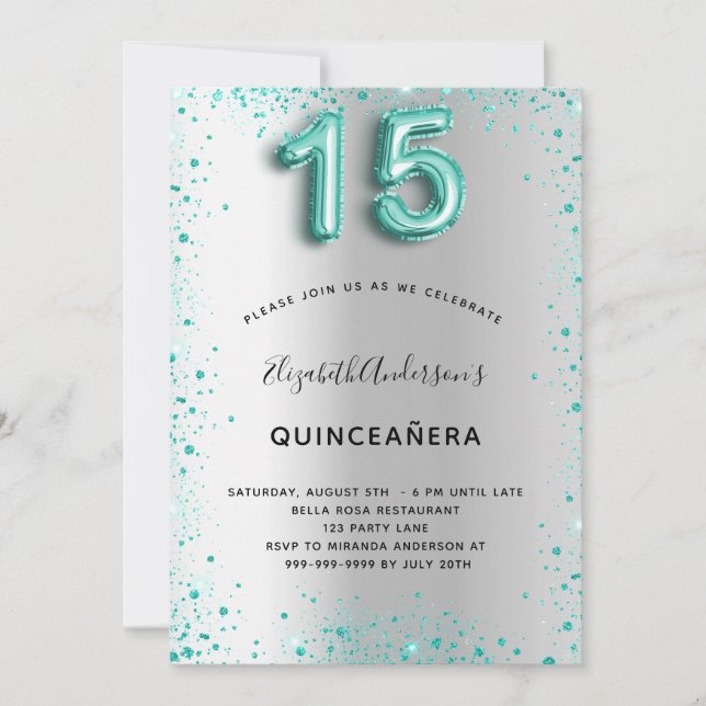 Quinceanera silver teal glitter glamorous invitation (Front)