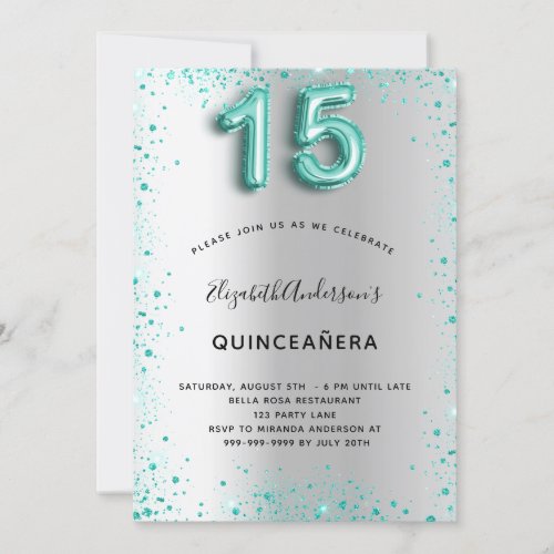 Quinceanera silver teal glitter glamorous invitation