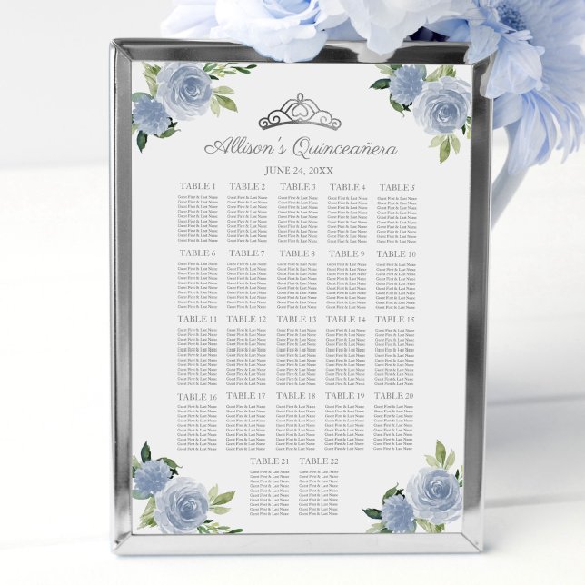 Quinceanera Silver Tiara Blue Floral Seating Chart (Creator Uploaded)