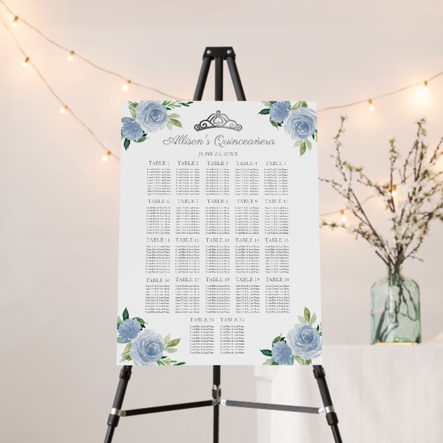 Quinceanera Silver Tiara Blue Floral Seating Chart Foam Board (In Situ (Stand))