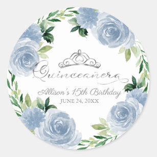 Quinceanera Silver Tiara Light Blue Floral Classic Round Sticker