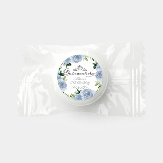 Quinceanera Silver Tiara Light Blue Floral Life Saver® Mints (Front)