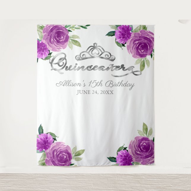 Quinceanera Silver Tiara Purple Floral Backdrop (Front)