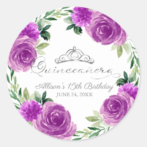 Quinceanera Silver Tiara Purple Floral Classic Round Sticker