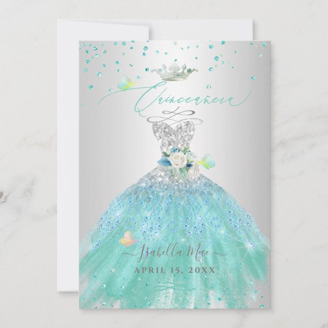 Quinceanera Silver Turquoise Glitter Gown Invitation (Front)