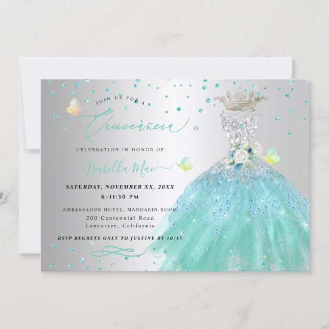 Quinceanera Silver Turquoise Quinceanera Dress Invitation (Front)