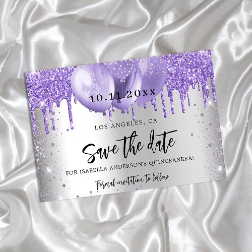 Quinceanera silver violet balloons save the date announcement postcard
