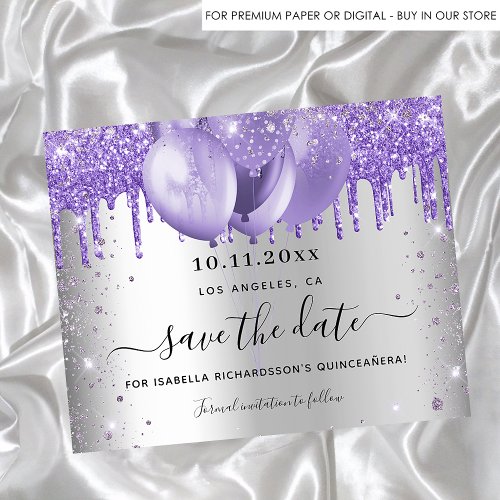 Quinceanera silver violet budget save the date flyer