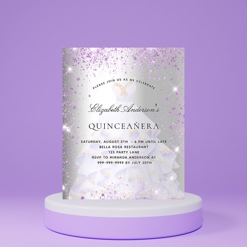 Quinceanera silver violet dress budget invitation flyer