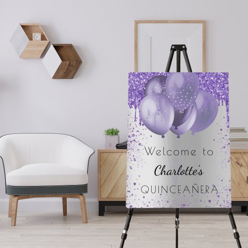 Quinceanera silver violet glitter welcome balloons foam board