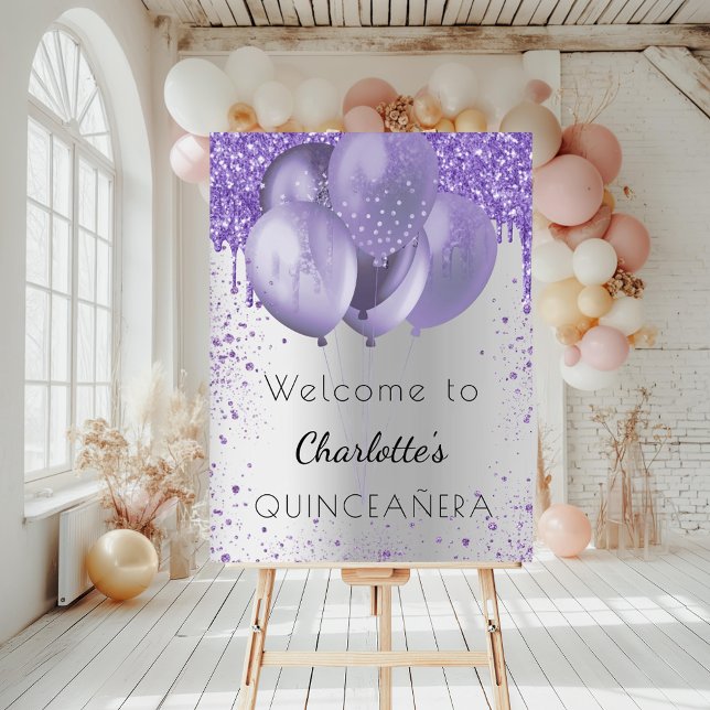 Quinceanera silver violet glitter welcome balloons foam board (Creator Uploaded)