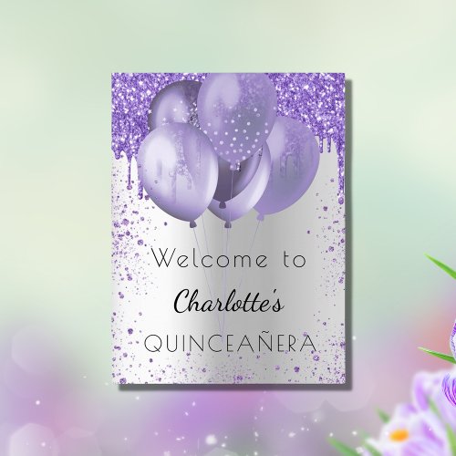 Quinceanera silver violet glitter welcome balloons poster