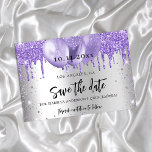 Quinceanera silver violet sparkles balloons save the date<br><div class="desc">A faux silver looking background decorated with violet,  lavender colored faux glitter and balloons.  Personalize and add a date and name/age. The text: Save the Date is written with a large trendy hand lettered style script.</div>