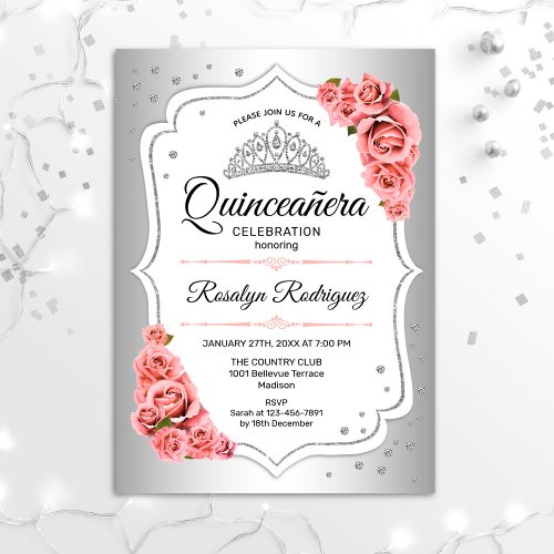 Quinceanera _ Silver White Blush Pink Invitation