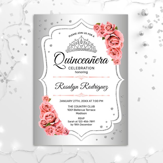 Quinceanera - Silver White Blush Pink Invitation (Creator Uploaded)