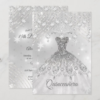 Quinceanera Silver White Dress 15th Birthday Party Invitation