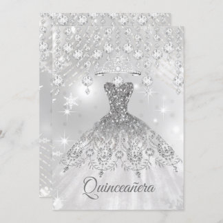 Quinceanera Silver White Dress 15th Birthday Party Invitation