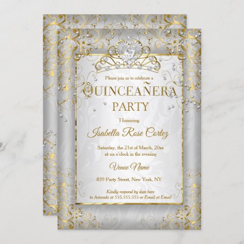 Quinceanera Silver White Gold Tiara photo party Invitation