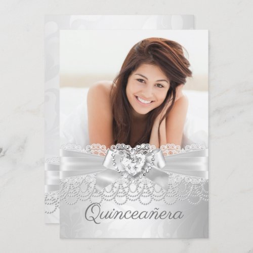 Quinceanera Silver white Lace Damask Diamond Heart Invitation