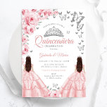 Quinceanera Silver White Pink Floral Twins Invitation<br><div class="desc">Pink,  silver and white floral twins Quinceanera celebration invitation. Features brunette girl in ball gown dress,  script font,  silver butterflies,  blush pink roses and tiara. Perfect for an elegant princess style glam celebration. Personalize with your own details. Printed Zazzle invitations or instant download digital printable template.</div>