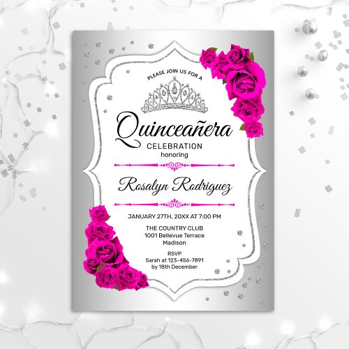 Quinceanera _ Silver White Pink Invitation