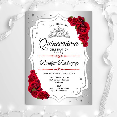 Quinceanera _ Silver White Red Invitation