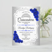 Quinceanera - Silver White Royal Blue Invitation (Standing Front)