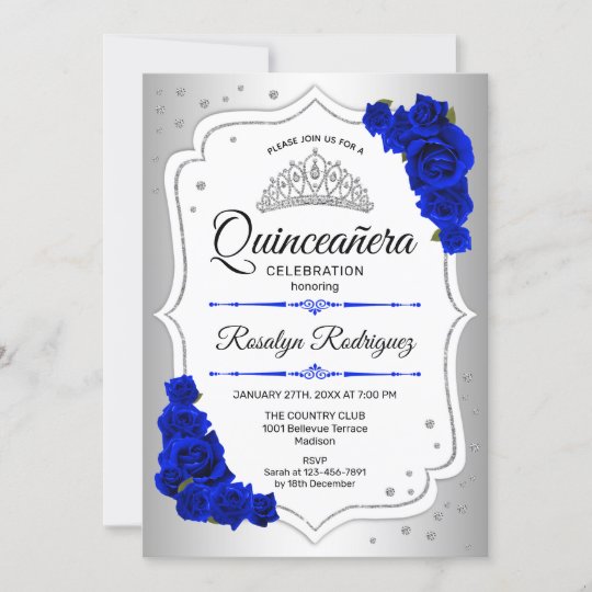 Quinceanera - Silver White Royal Blue Invitation | Zazzle.com
